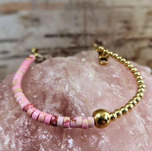 Natural Pink Sea Sediment Imperial Jasper In Assymetrical Bracelet - Picture 2 of 5